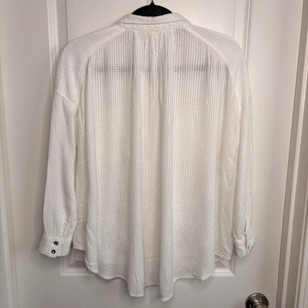 Free People White Button Down Shirt XS Waffle Weave Oversize Gauze Tunic Peasant
